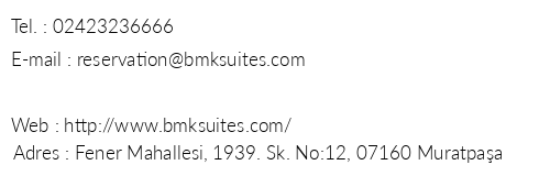 Bmk Suites Apart telefon numaralar, faks, e-mail, posta adresi ve iletiim bilgileri